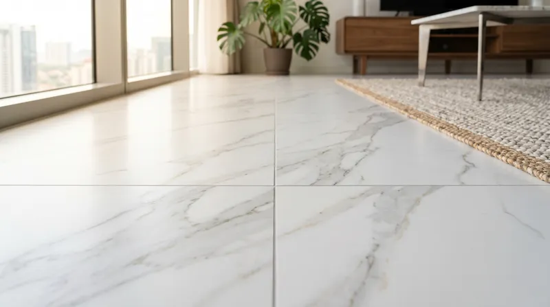 Porcelain tile flooring in a modern Malaysian condominium living room with warm wood-look finish