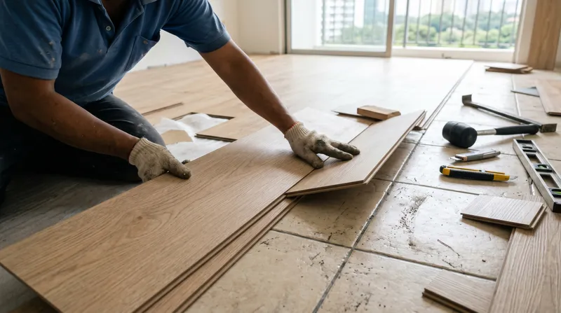 SPC click-lock flooring planks being installed over existing tiles in a Klang Valley condo renovation