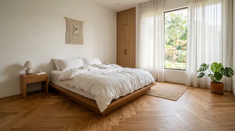 Engineered timber flooring installed in a minimalist Malaysian bedroom with warm natural tones