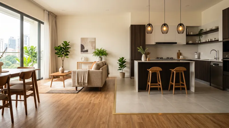 Open-plan Malaysian home showing different flooring transitions between living room SPC and kitchen porcelain tiles