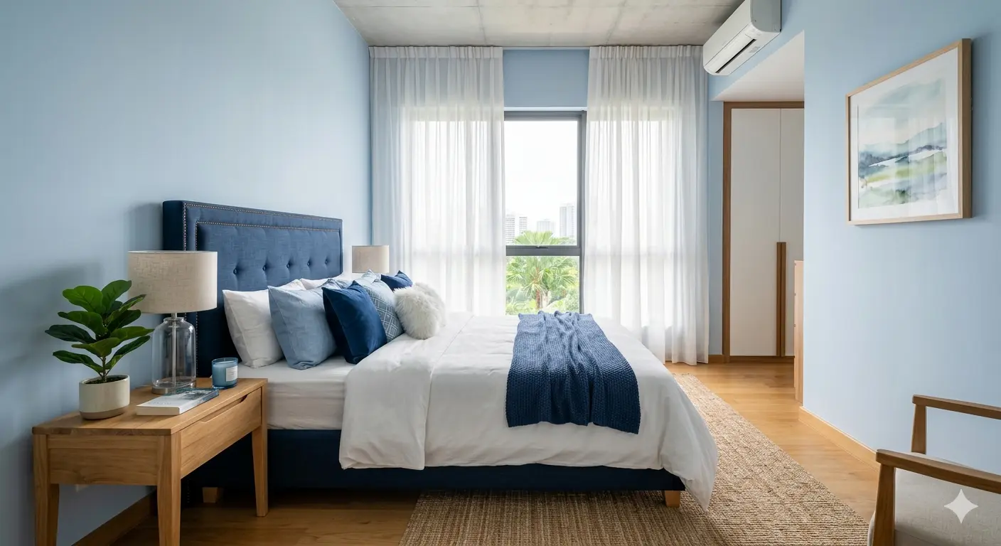 Calming blue bedroom interior design with navy headboard and soft powder blue walls for relaxation