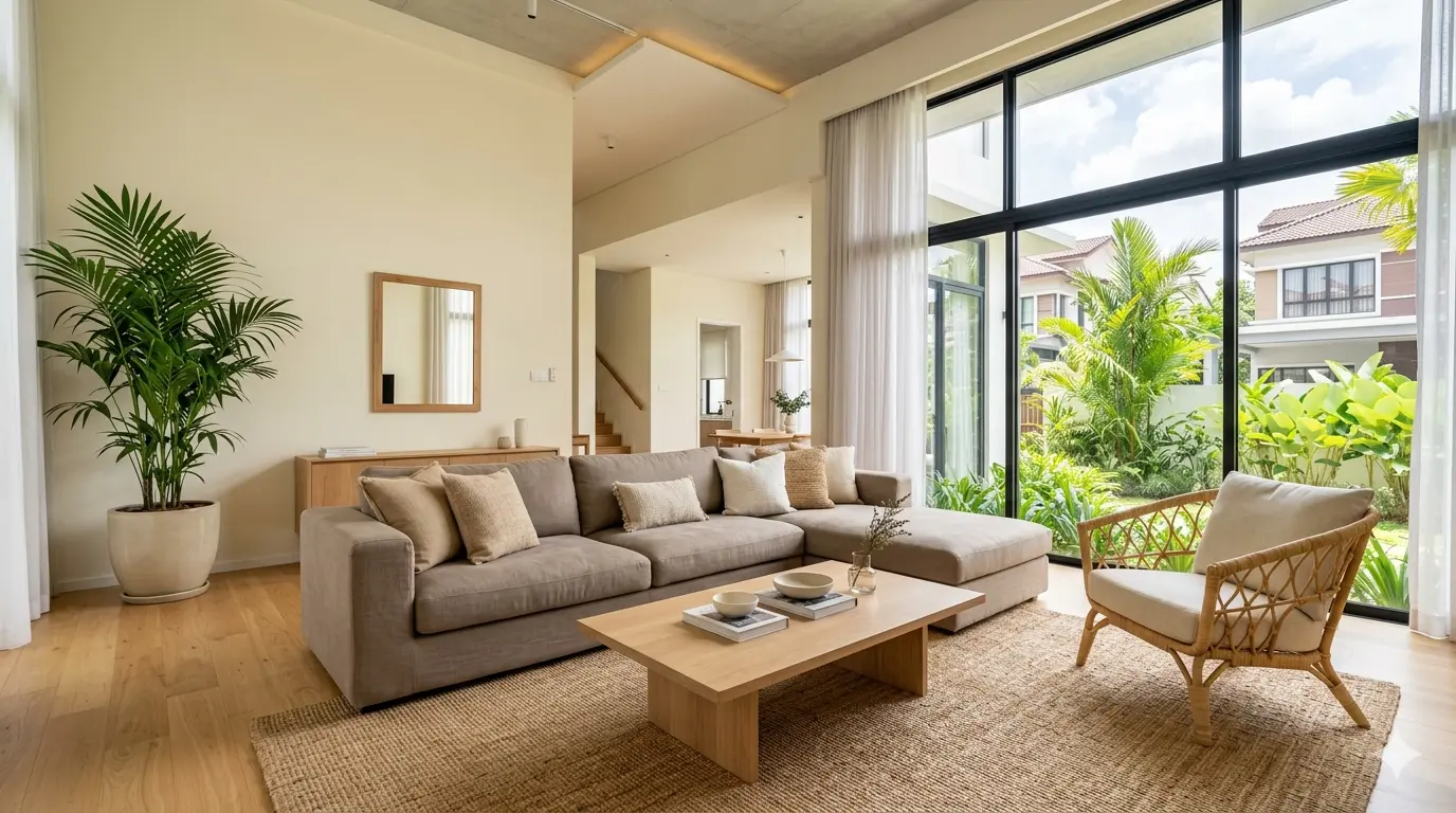 Warm neutral colour palette living room with cream walls and natural wood tones in Malaysian interior design