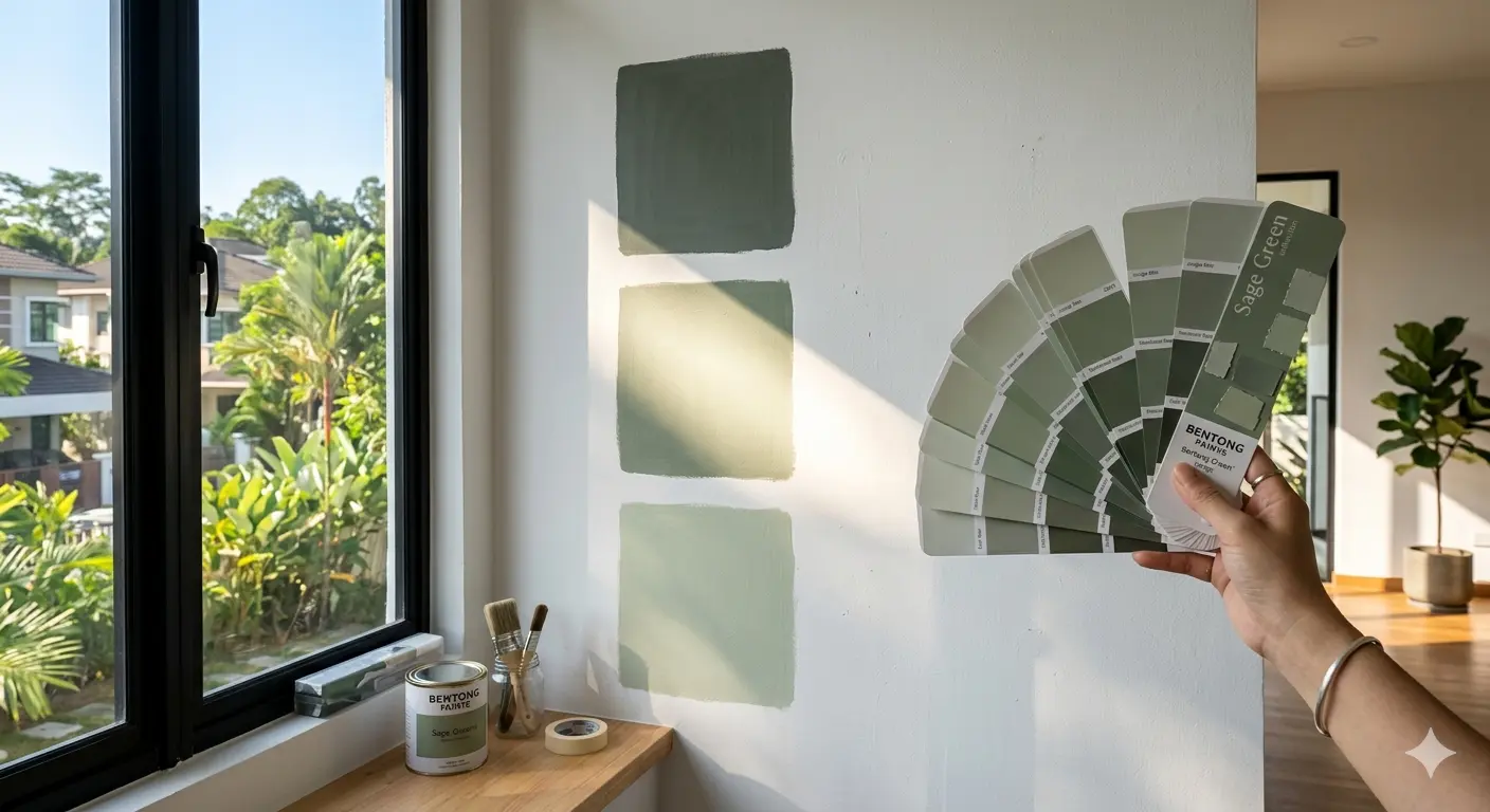 Testing sage green paint colour swatches on wall showing how natural light affects colour perception during renovation