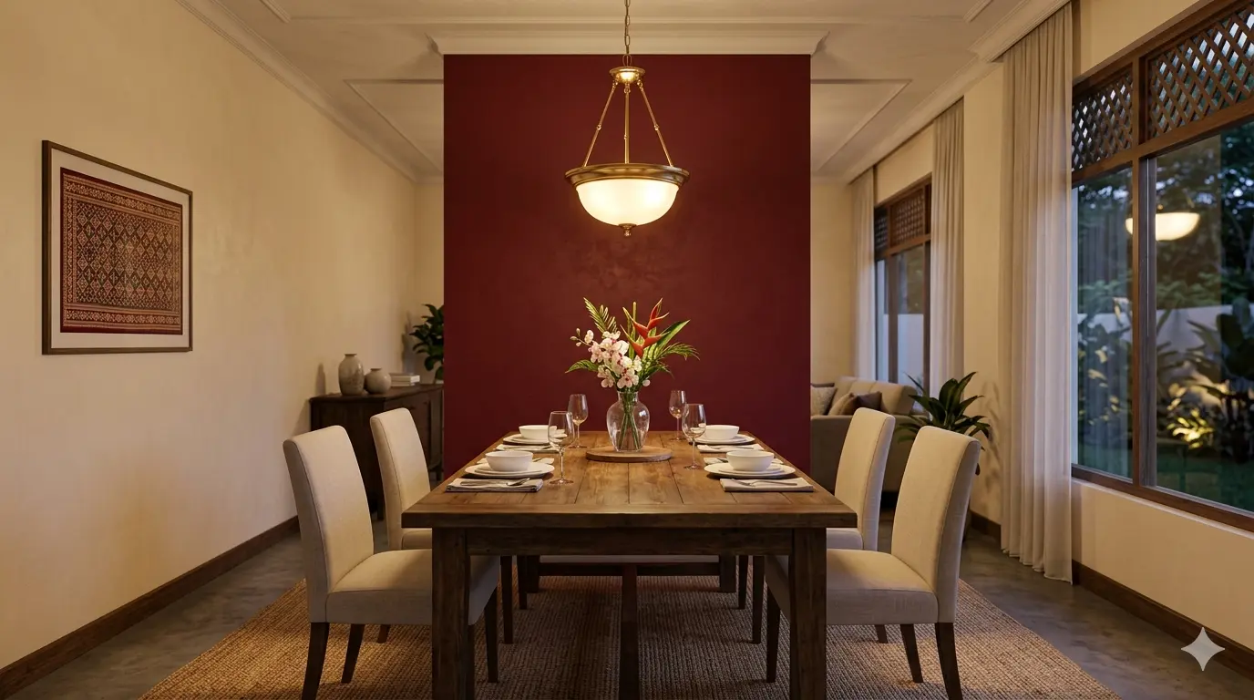 Dining room with deep burgundy red accent wall to stimulate appetite and conversation in Malaysian home