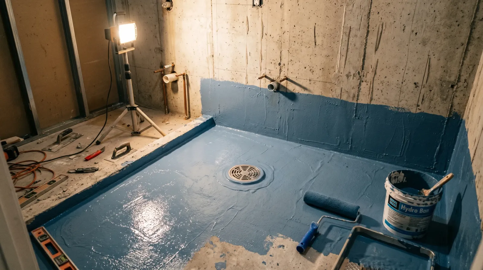 Bathroom waterproofing membrane application during condo renovation in Malaysia to prevent water seepage