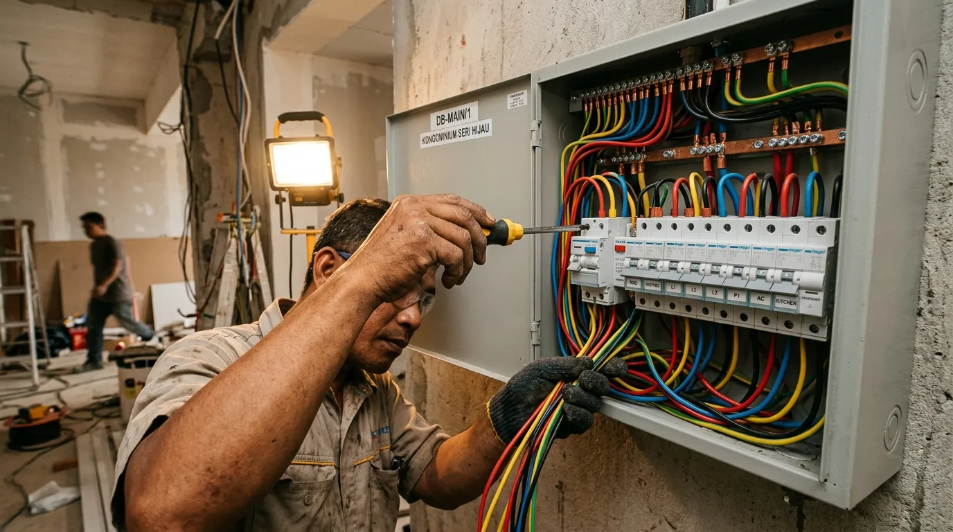 Electrician upgrading distribution board and circuit breakers during condo renovation in Malaysia