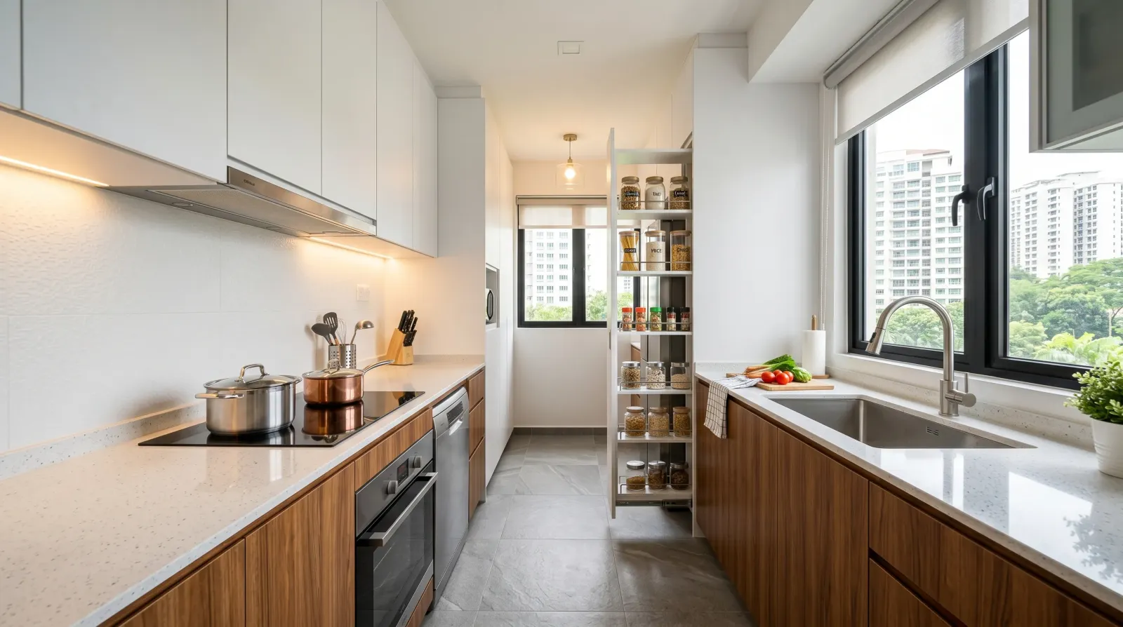Modern condo kitchen renovation in Malaysia with built-in cabinets, quartz countertop, and integrated appliances