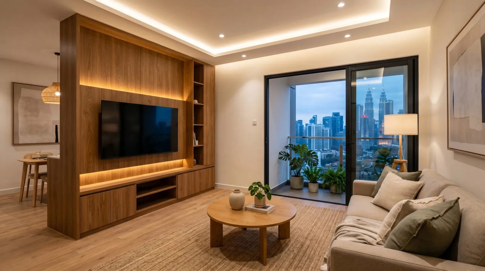 Completed condo living room renovation with built-in TV console, custom carpentry, and warm lighting in Klang Valley