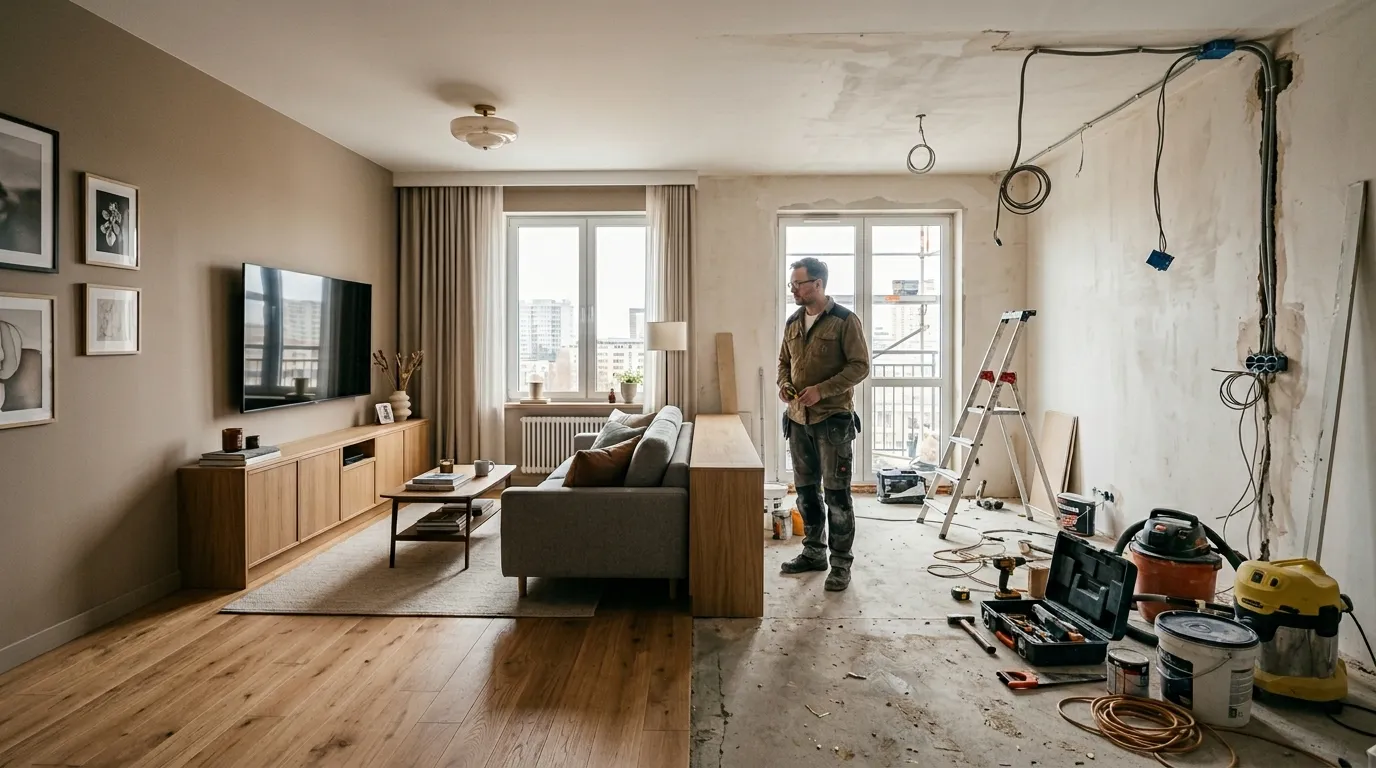 Condo unit mid-renovation showing completed side with new flooring and carpentry next to unfinished construction side
