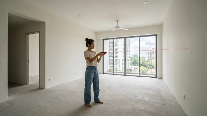 First-time homeowner inspecting a new empty condo unit in Malaysia with a checklist and laser measure