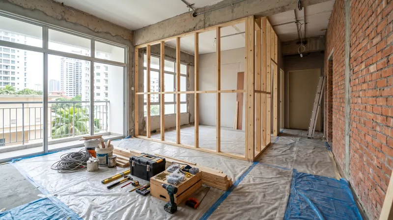 Homeowner and contractor reviewing a written renovation contract with floor plans spread across a table