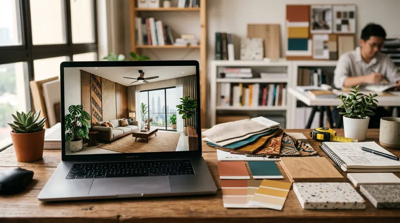 Interior designer presenting a 3D render of a renovated Malaysian condo living room on a laptop screen