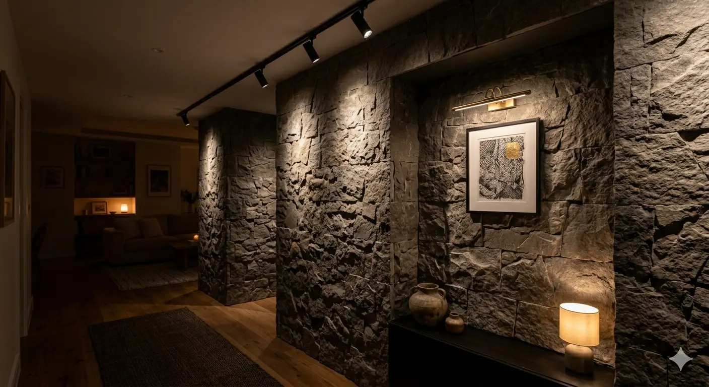 Accent track lighting highlighting textured stone feature wall and artwork in home interior