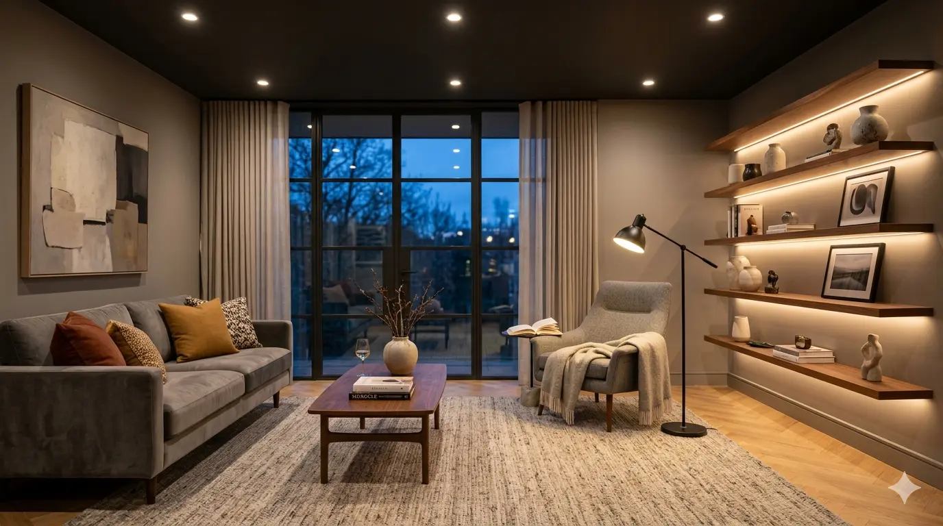Ambient recessed downlights and LED shelf lighting in modern Malaysian living room interior design