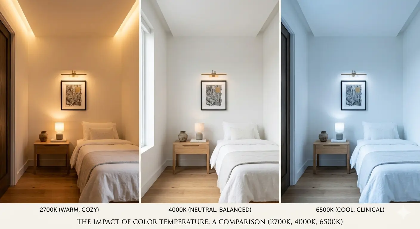 Colour temperature comparison showing warm 2700K, neutral 4000K, and cool 6500K lighting in the same bedroom
