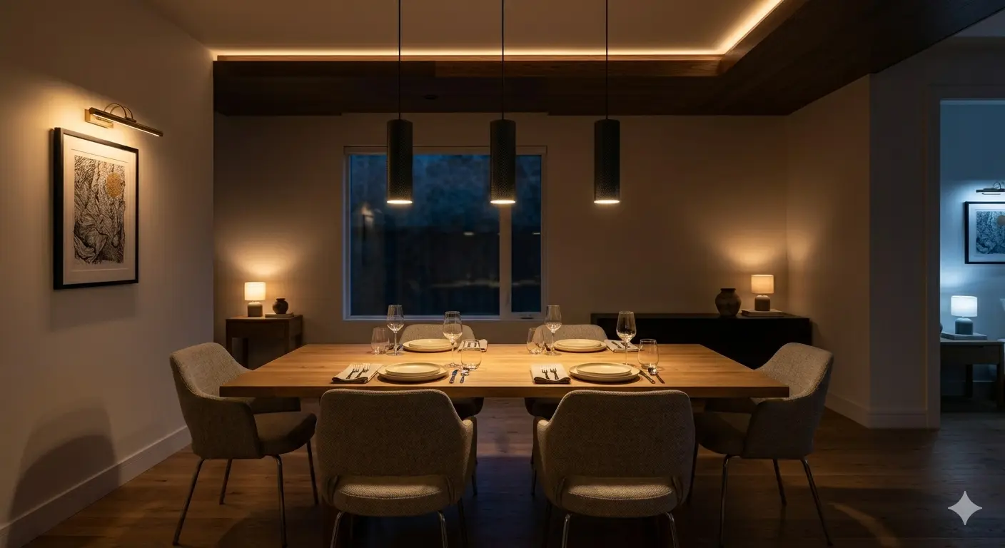 Cylindrical pendant lights hanging above dining table with warm white glow for Malaysian home