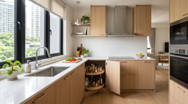 L-shaped kitchen layout in a modern Malaysian condominium with wood-tone cabinetry and quartz countertop