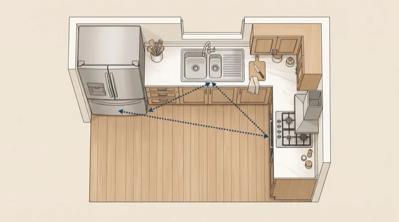 Kitchen work triangle diagram showing sink, stove, and refrigerator placement in a Malaysian home