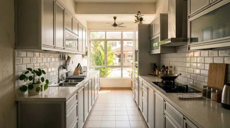 Galley kitchen in a Malaysian terrace house wet kitchen with aluminium cabinetry and tile backsplash