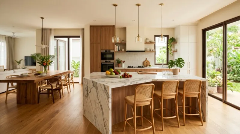 Open-plan island kitchen in a large Malaysian semi-detached home with pendant lighting and bar seating