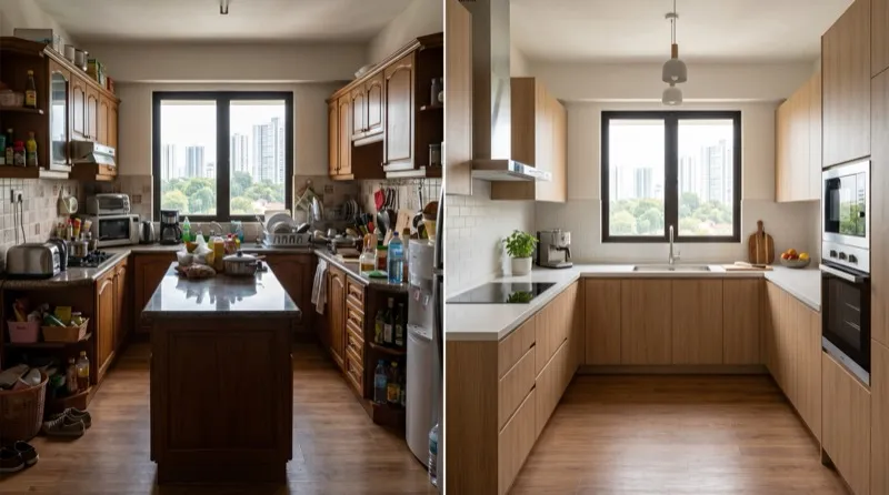 Before and after comparison of a poorly planned kitchen versus an optimised layout in a Malaysian condo