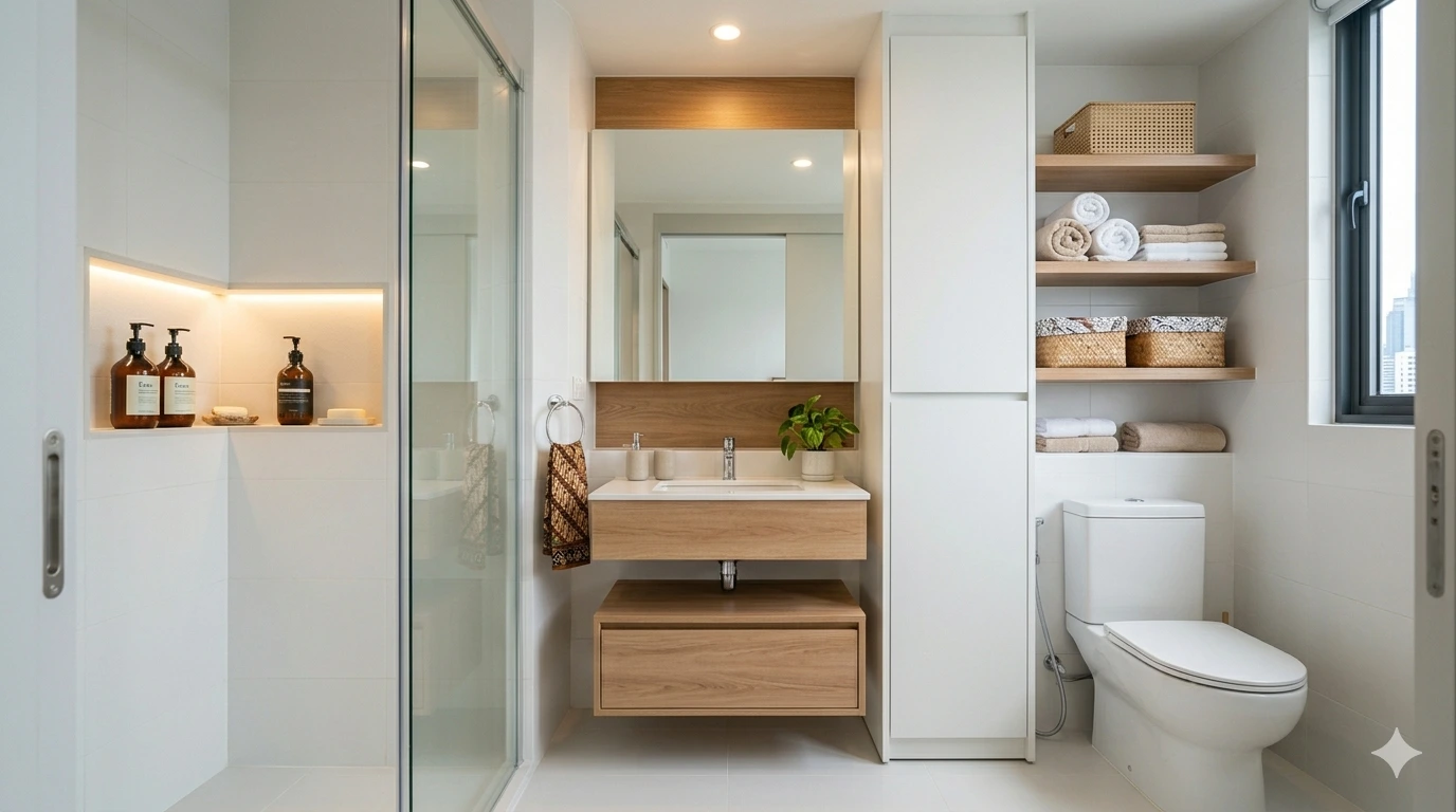 Smart bathroom storage solutions with recessed wall niche, floating vanity and over-toilet shelving in Malaysian condo