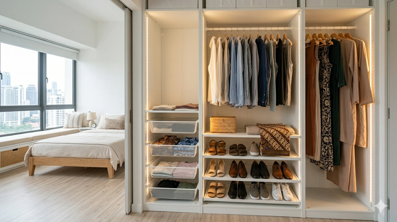 Custom built-in wardrobe with LED lighting, organized shoe rack and hanging compartments for small bedroom