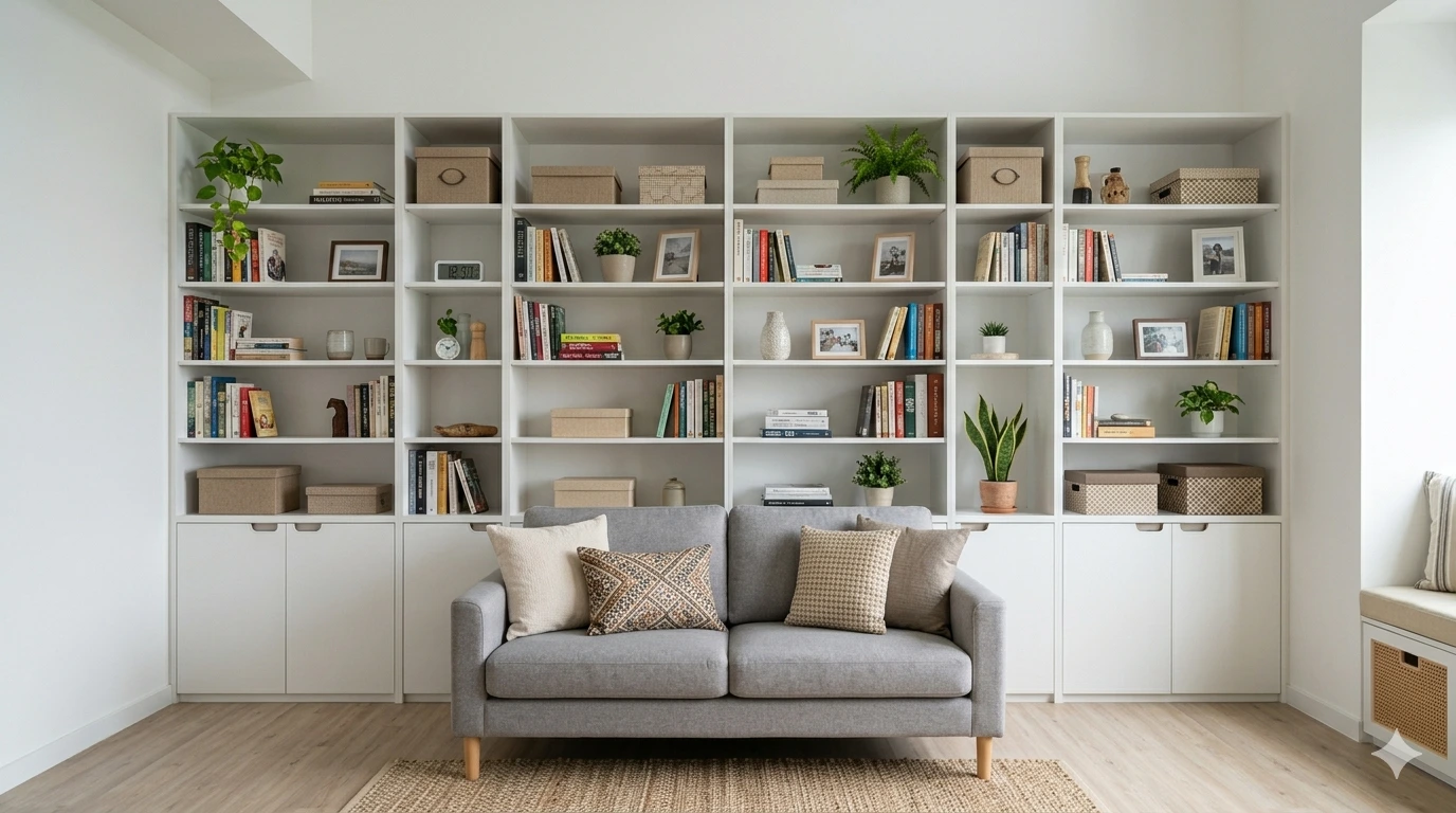 Floor-to-ceiling built-in white shelving maximizing vertical storage in compact Malaysian apartment