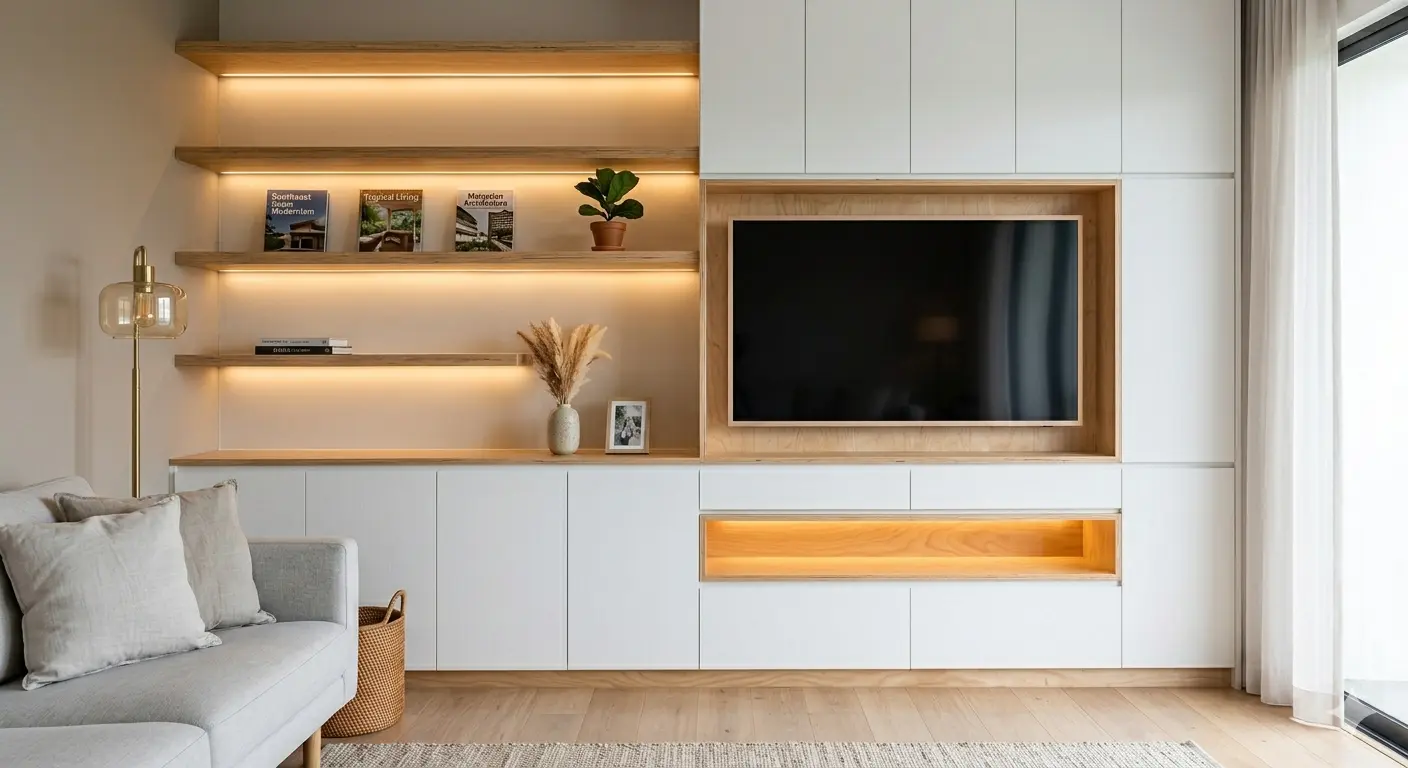 Melamine vs plywood comparison for kitchen cabinets — cabinet interior and open bookshelf for home renovation in Malaysia