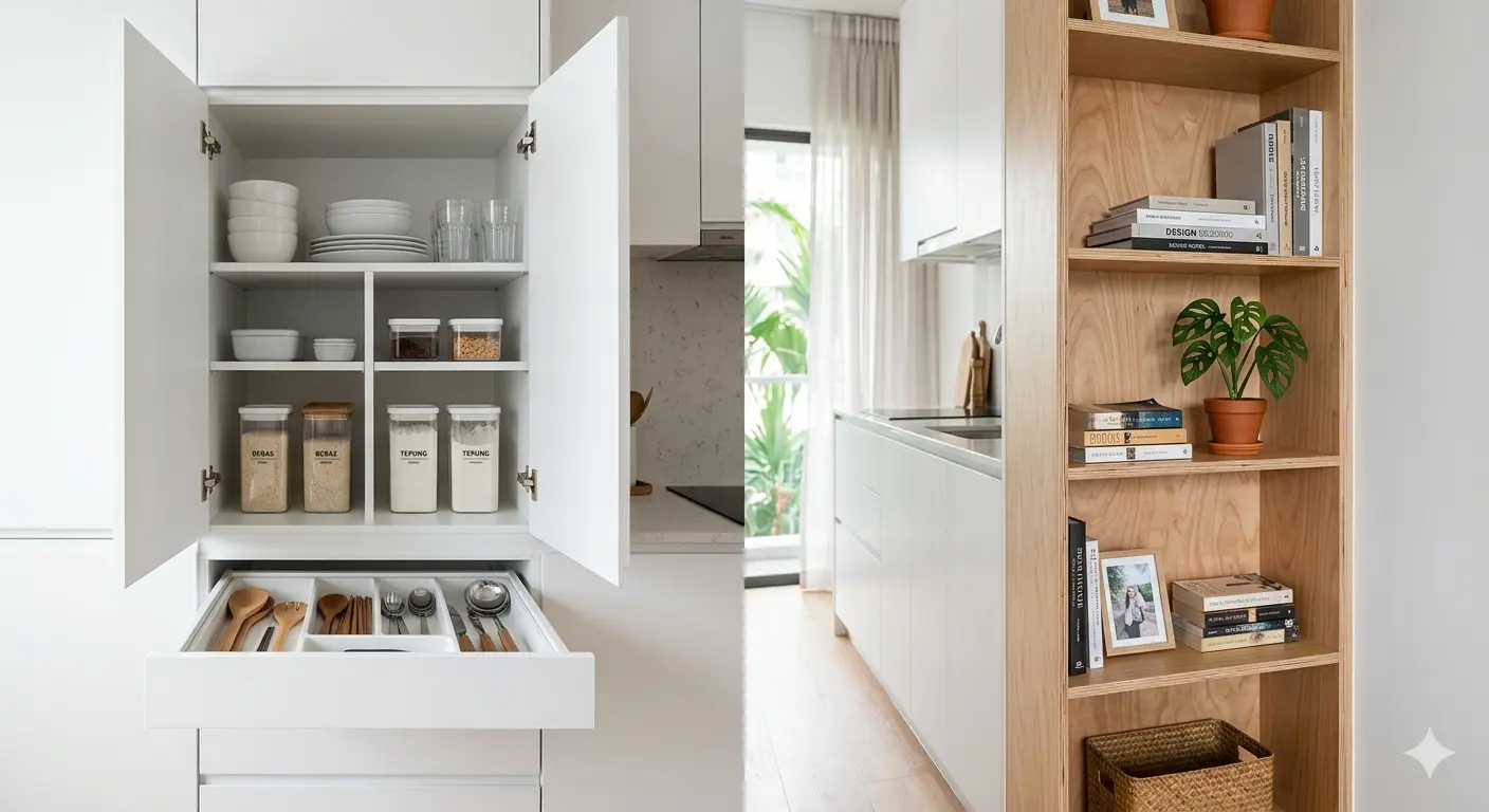 Built-in TV console using melamine and plywood combination in Malaysian living room design