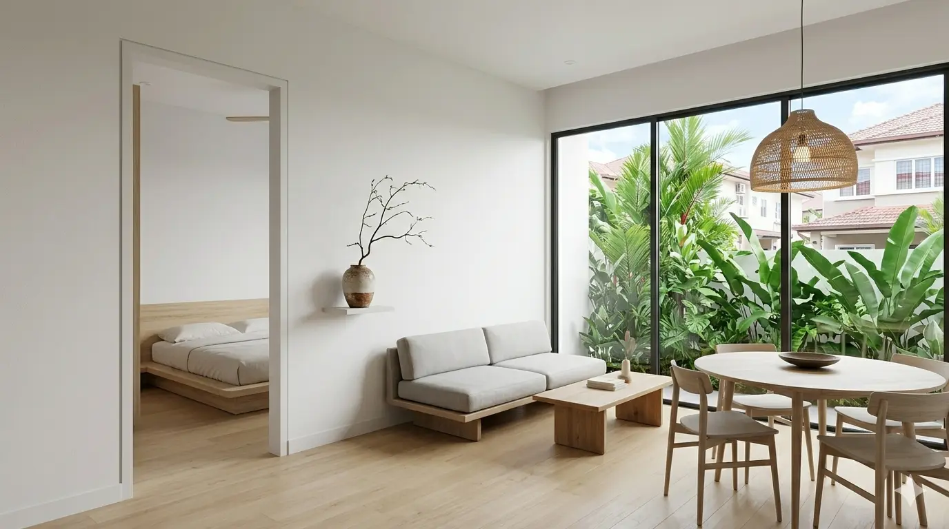 Japandi-inspired Malaysian apartment with light wood furniture, rattan pendant and tropical greenery view
