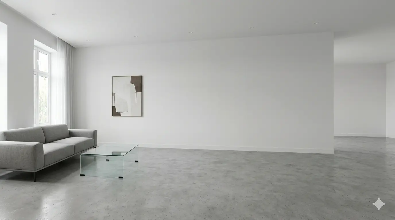 Modern minimalist living room with clean lines, concrete floor and glass coffee table — contemporary interior design