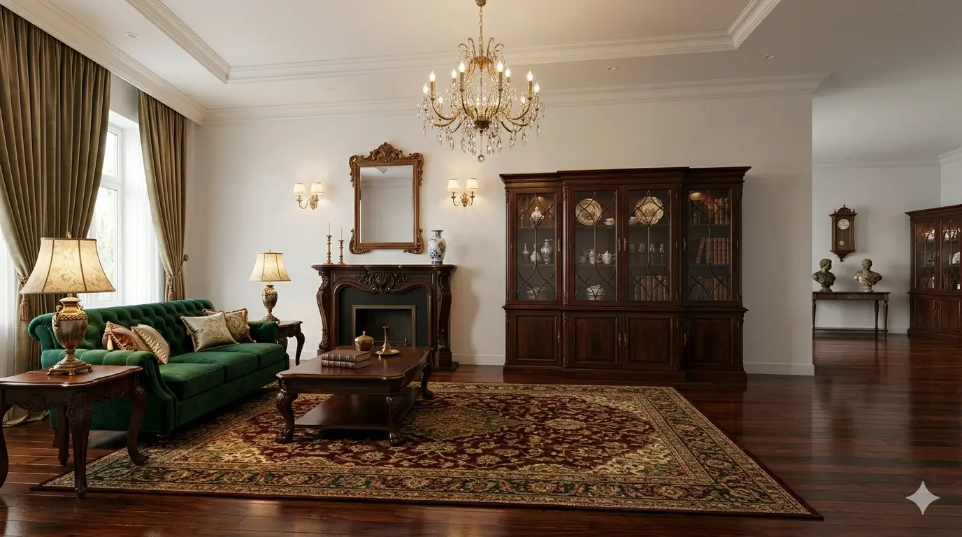 Traditional living room with emerald velvet sofa, crystal chandelier and ornate Persian rug — classic interior design style