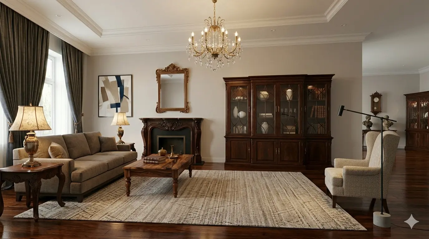 Transitional interior design blending traditional dark wood furniture with modern layout and neutral palette