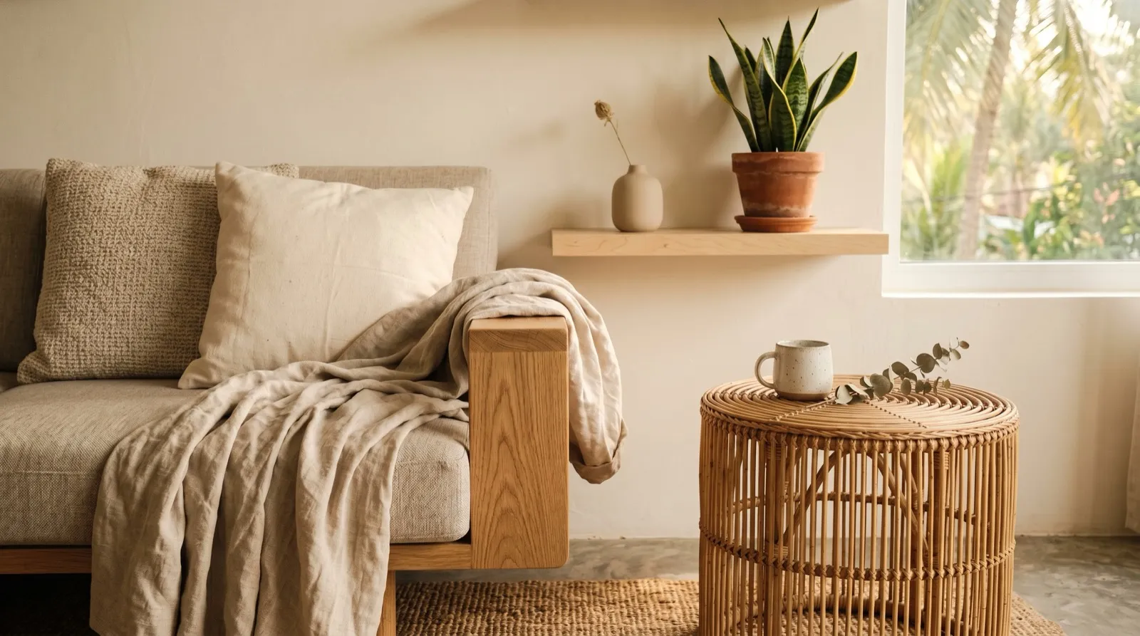 Muji-style living room in Malaysian condo with light wood furniture, linen sofa, and natural rattan accents