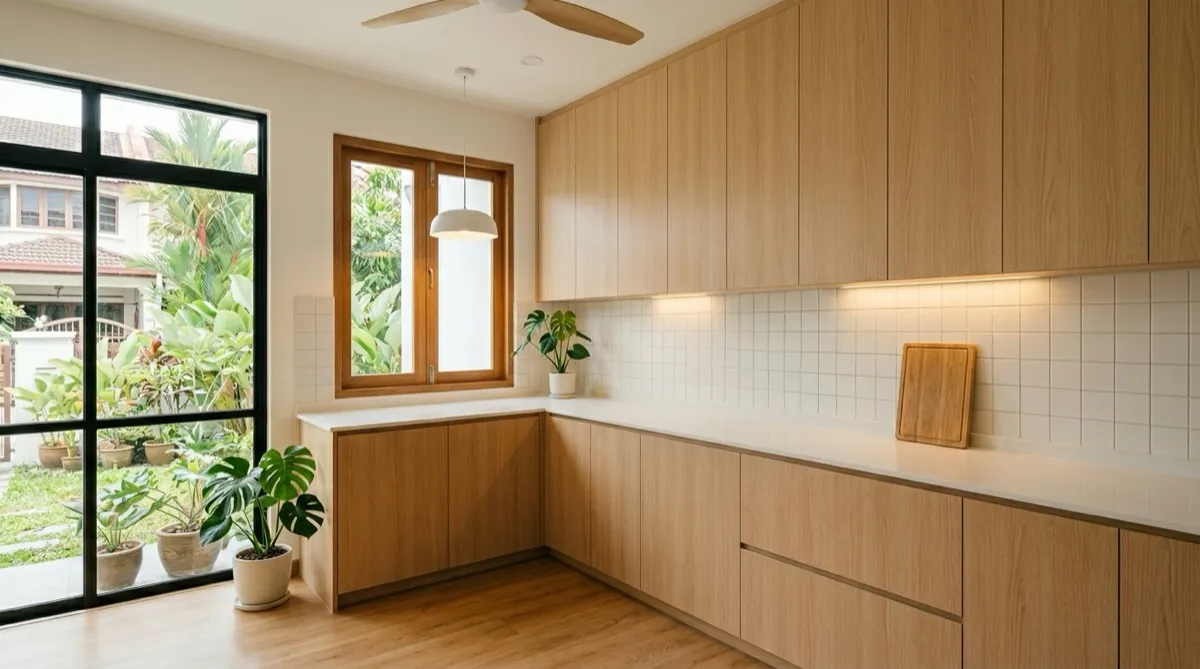 Muji minimalist kitchen with light oak cabinets, hidden storage, and clean countertops in Malaysian home