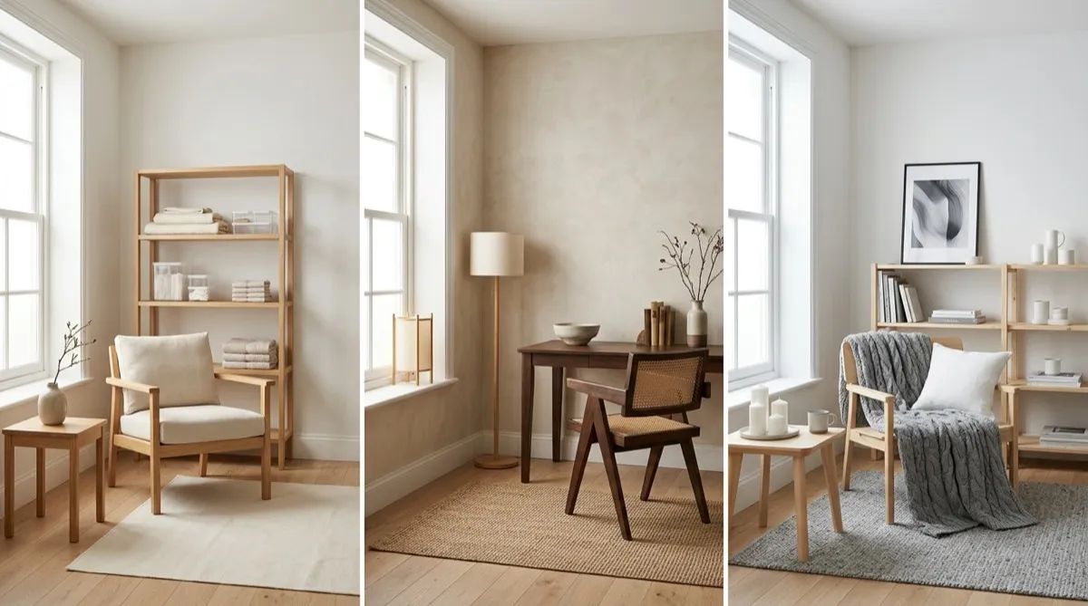 Three side-by-side living rooms showing Muji warm neutrals, Japandi dark wood accents, and Scandinavian cool white interiors