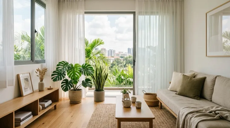 Bright airy Malaysian condo interior with Muji-style light wood flooring, sheer curtains, and indoor tropical plants