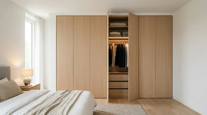 Floor-to-ceiling built-in wardrobe with handleless push-to-open doors in Muji minimalist bedroom