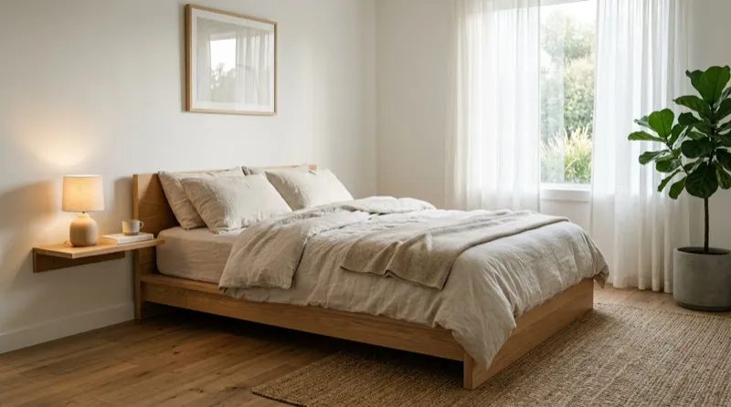 Muji-style bedroom with low platform bed frame in light oak, neutral linen bedding, and minimal nightstand