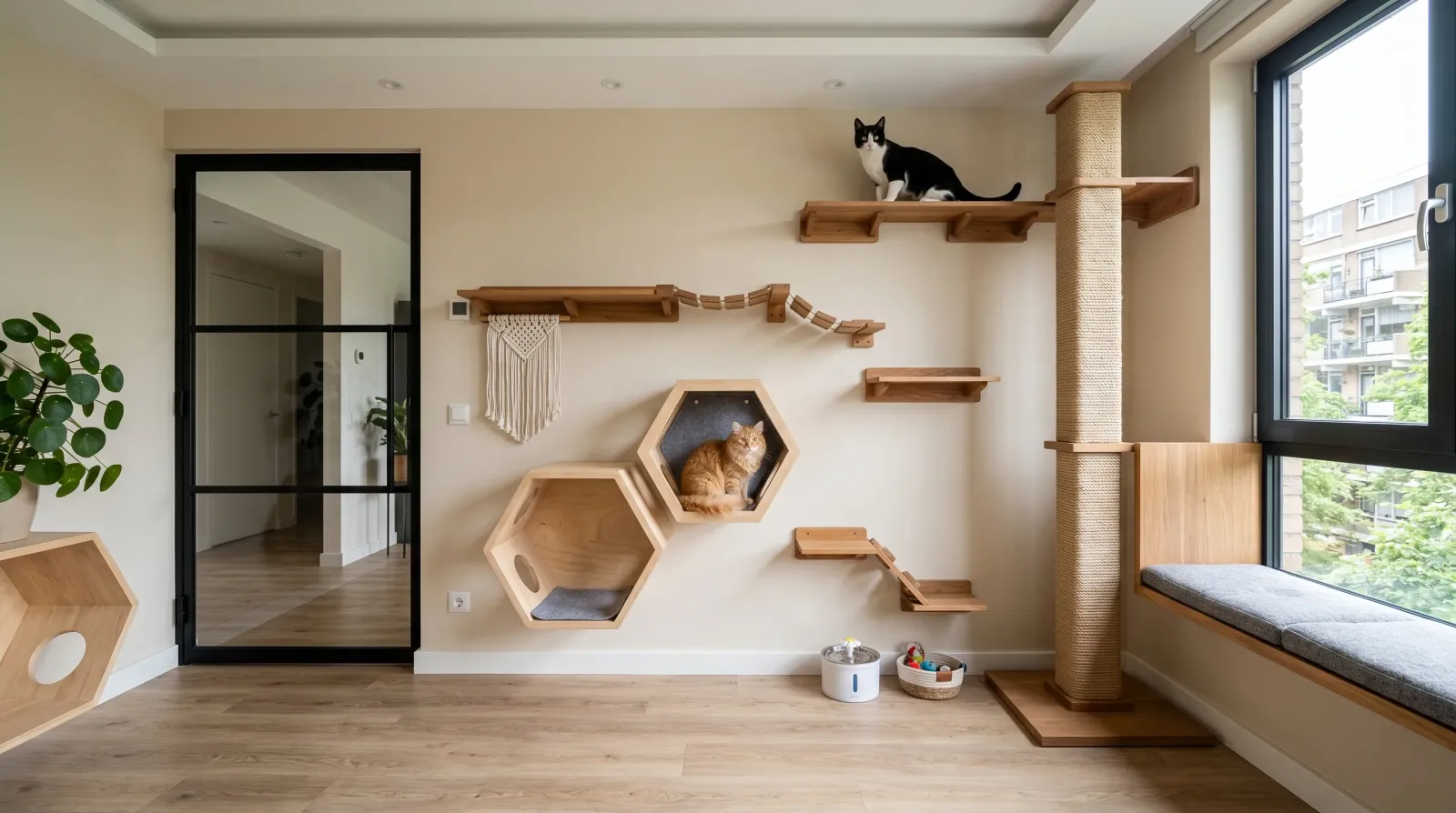 Dedicated cat room with built-in climbing wall, hexagonal hideaways, and scratching posts integrated into modern interior design