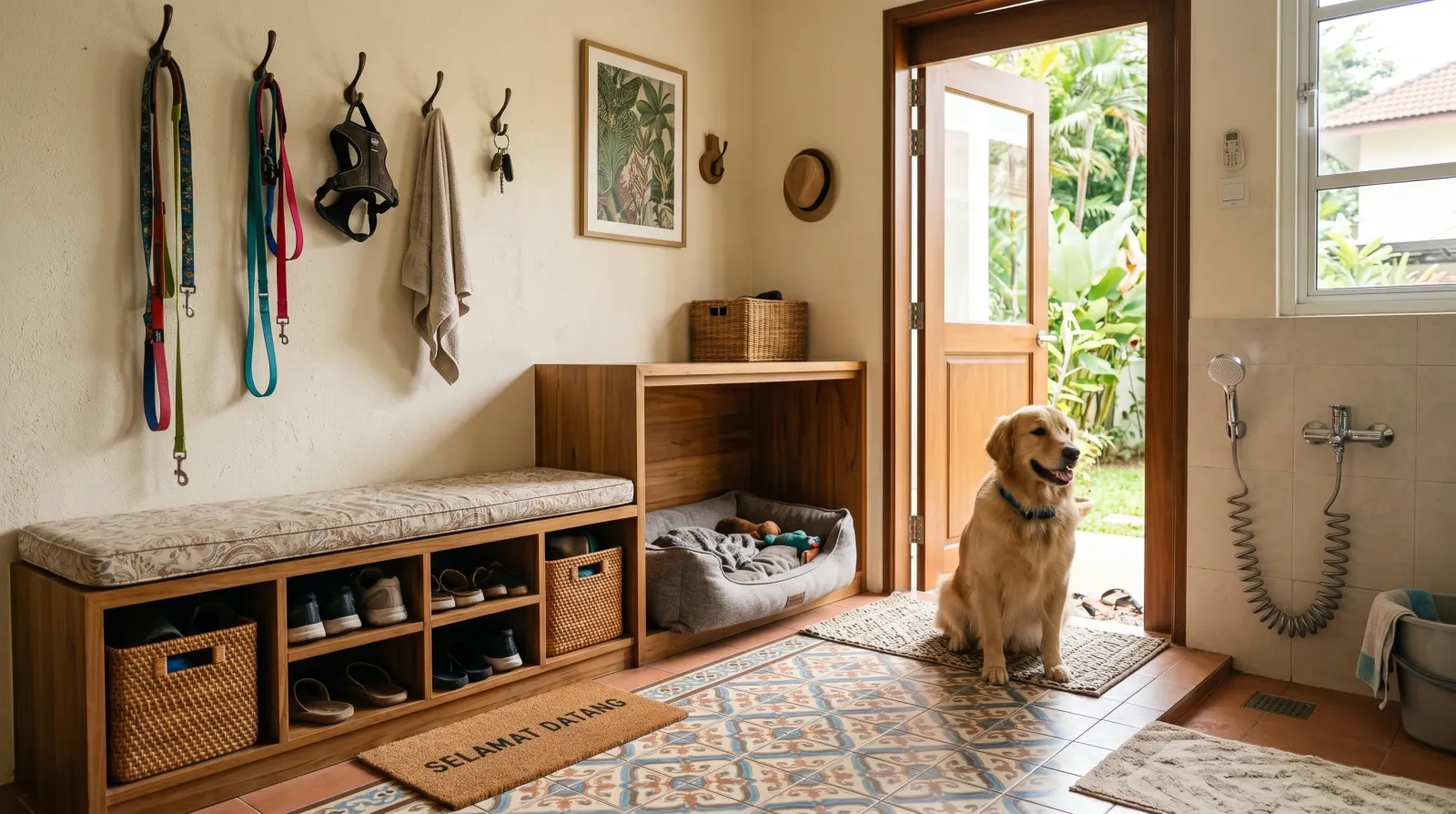 Dog-friendly home design with built-in feeding station, washable cushion nook, and easy-clean tile flooring near entryway