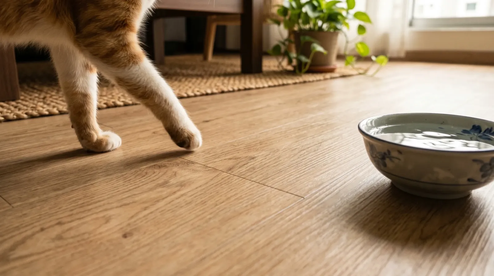 Pet-friendly vinyl flooring in Malaysian living room that is scratch-resistant and easy to clean for cat and dog owners