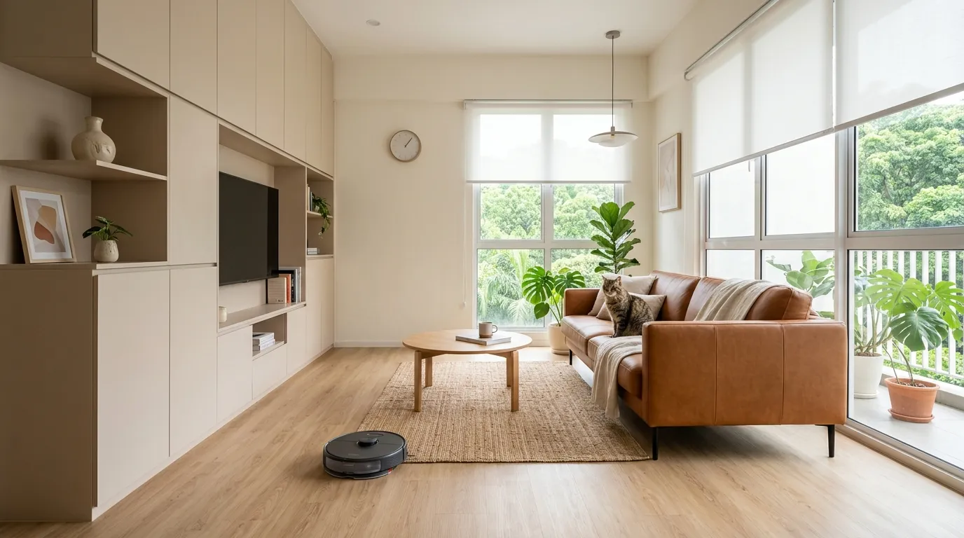 Minimalist pet-friendly living room with flat-panel cabinetry, vinyl flooring, roller blinds, and robot vacuum for easy hair control