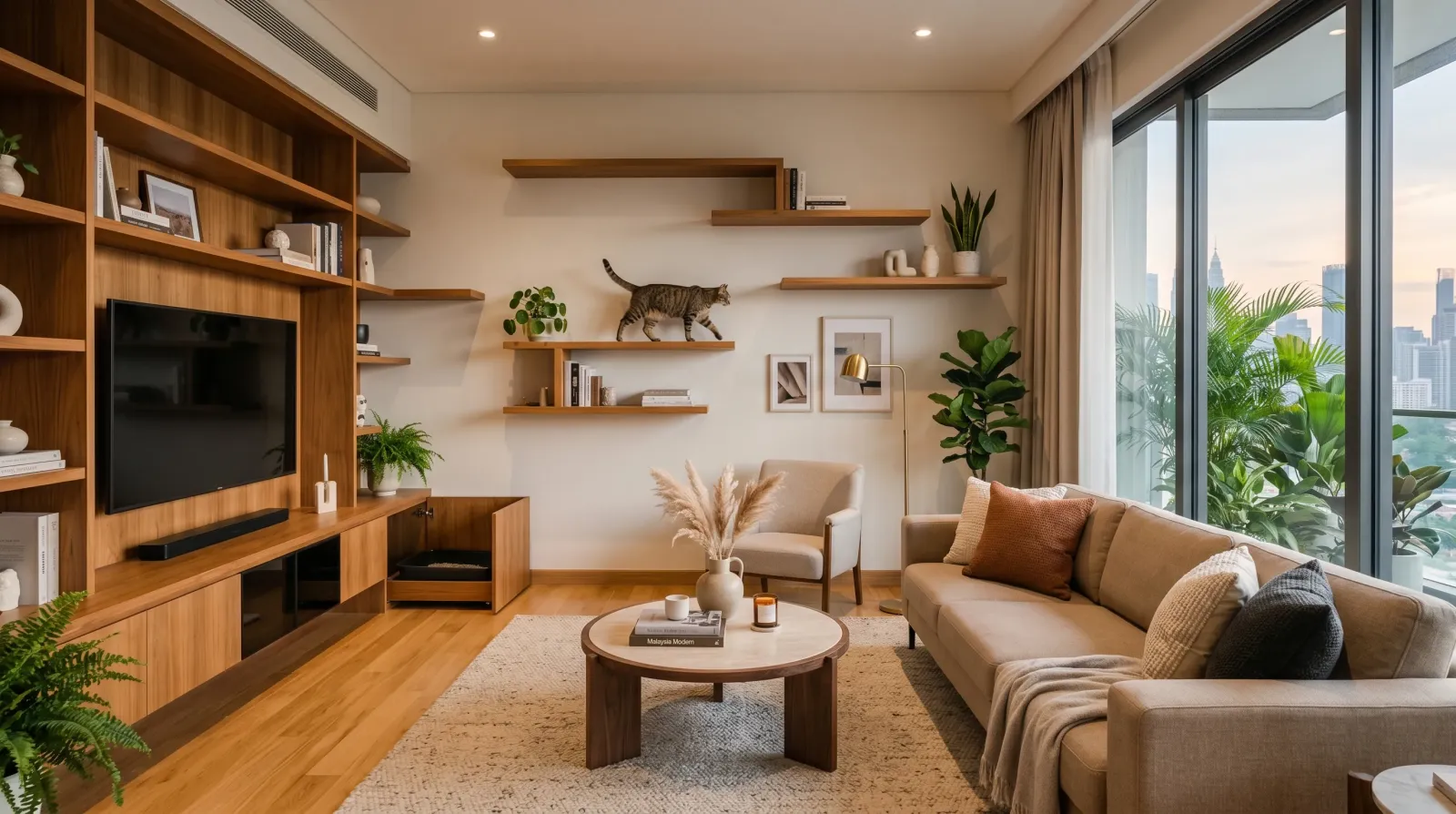 Stylish pet-friendly living room in Malaysia with scratch-resistant sofa, hidden litter box cabinet, and integrated pet furniture