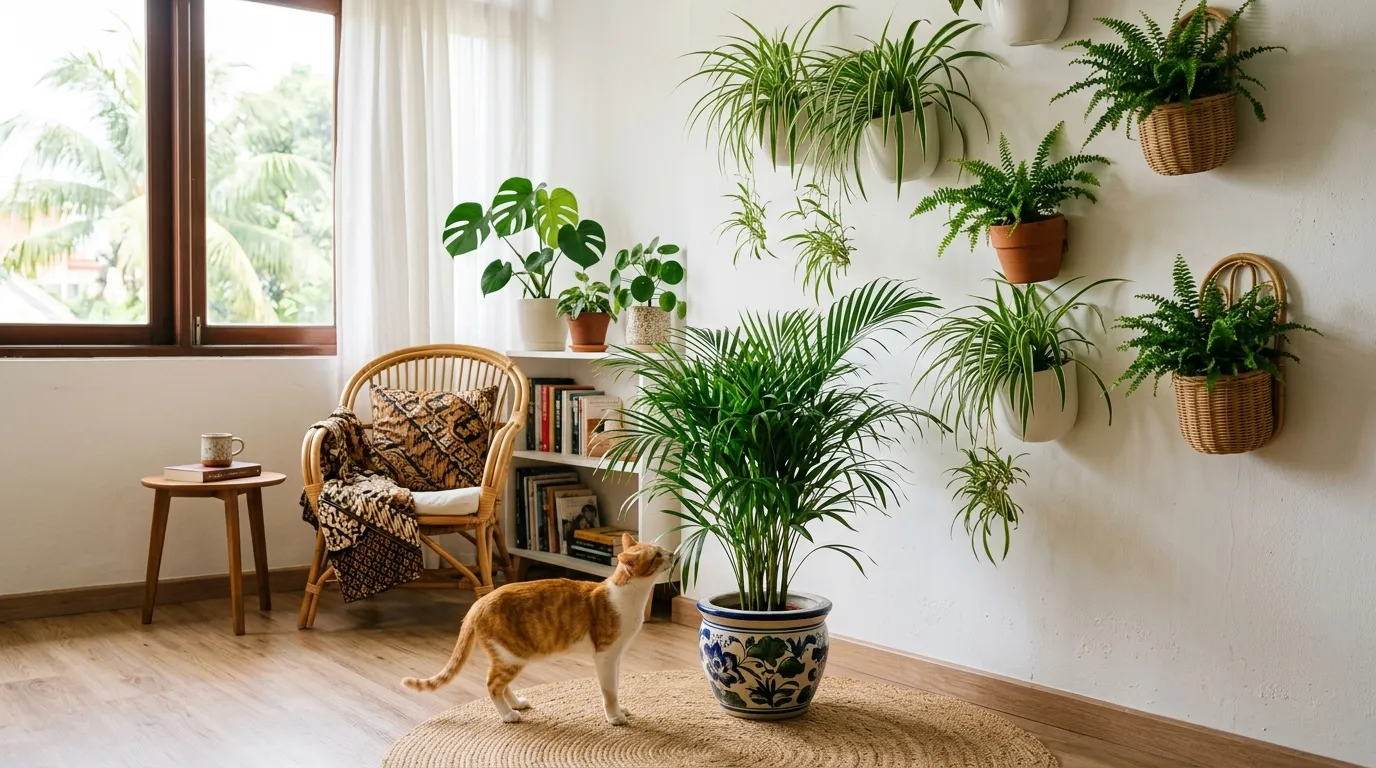 Wall-mounted planters with spider plants and Boston ferns alongside an areca palm in a bright Malaysian apartment with a cat nearby