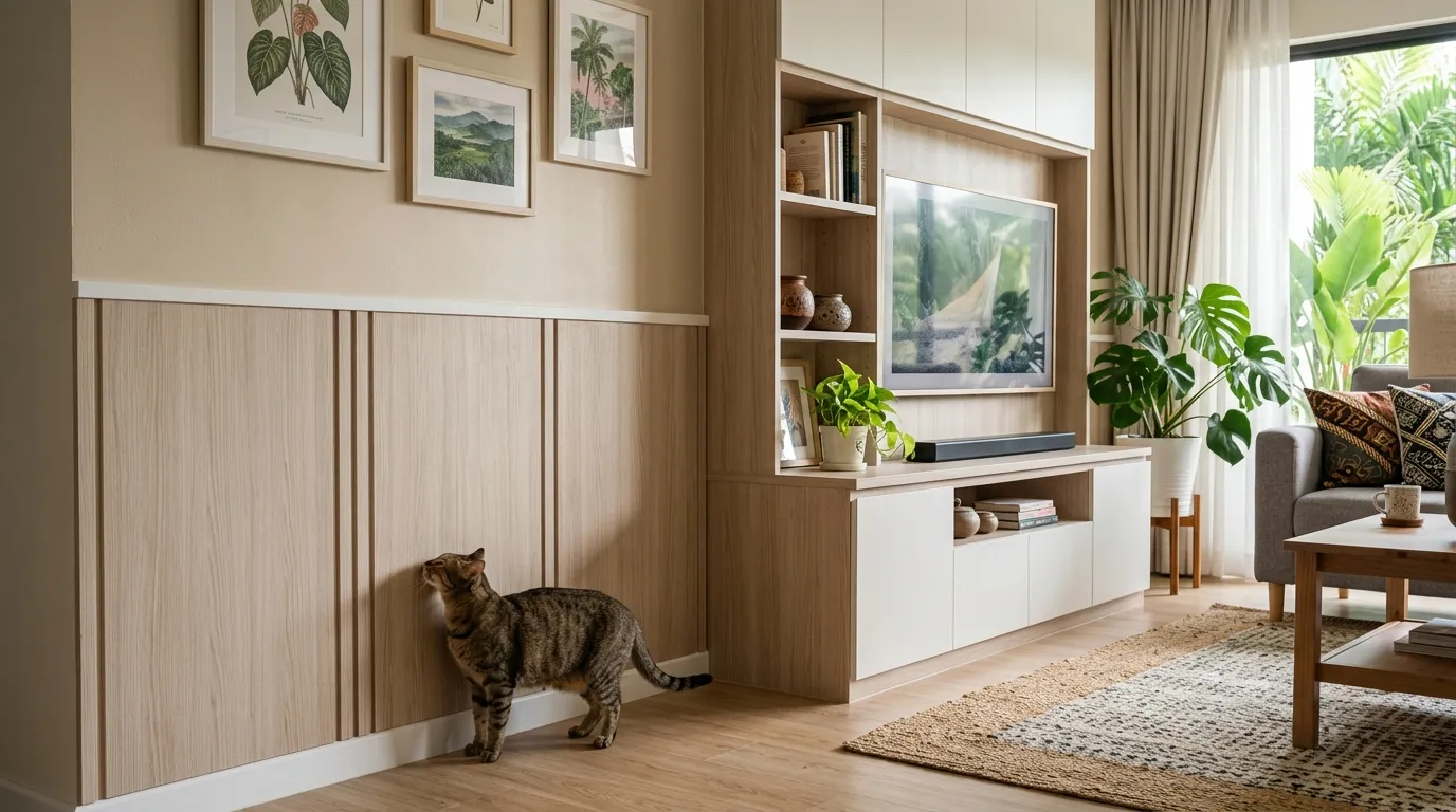 Cat rubbing against melamine wainscoting panel in a modern Malaysian living room with scratch-resistant wall protection