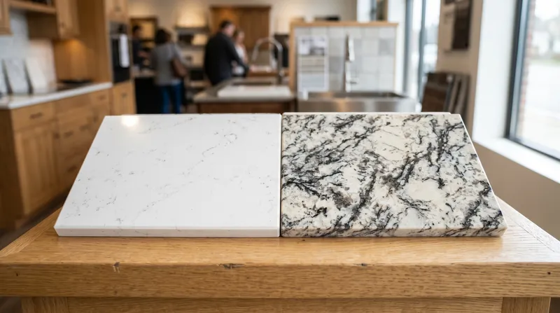 Close-up comparison of polished quartz and natural granite countertop slabs in a Malaysian kitchen showroom