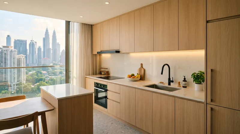 Modern Malaysian kitchen with white quartz countertop and integrated sink