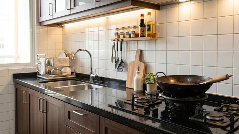 Clean granite countertop in a well-maintained Malaysian wet kitchen